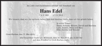 Traueranzeige von Hans Edel von Wetterauer Zeitung, Wetterauer Zeitung