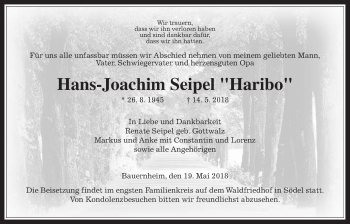 Traueranzeige von Hans-Joachim Seipel von Wetterauer Zeitung, Wetterauer Zeitung