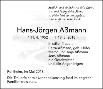 Traueranzeige von Hans-Jörgen Aßmann von Giessener Allgemeine, Alsfelder Allgemeine