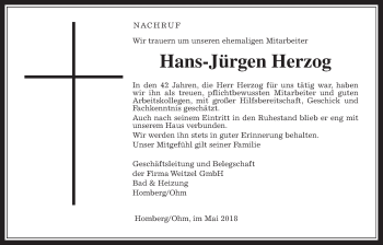 Traueranzeige von Hans-Jürgen Herzog von Alsfelder Allgemeine