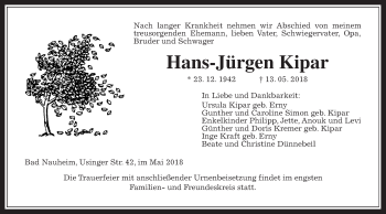 Traueranzeige von Hans-Jürgen Kipar von Wetterauer Zeitung, Wetterauer Zeitung