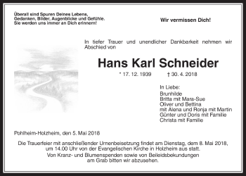 Traueranzeige von Hans Karl Schneider von Giessener Allgemeine, Alsfelder Allgemeine
