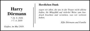 Traueranzeige von Harry Dörmann von Giessener Allgemeine, Alsfelder Allgemeine