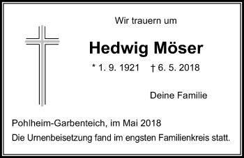 Traueranzeige von Hedwig Möser von Pohlheimer Nachrichten