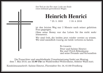 Traueranzeige von Heinrich Henrici von Wetterauer Zeitung, Wetterauer Zeitung