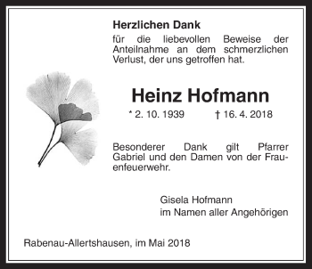 Traueranzeige von Heinz Hofmann von Rabenauer Zeitung