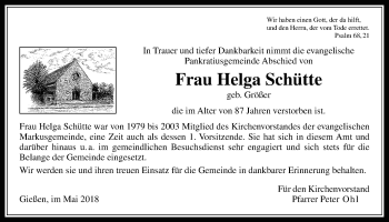 Traueranzeige von Helga Schütte von Giessener Allgemeine, Alsfelder Allgemeine