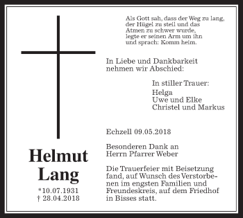 Traueranzeige von Helmut Lang von Wetterauer Zeitung, Wetterauer Zeitung