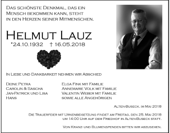 Traueranzeige von Helmut Lauz von Giessener Allgemeine, Alsfelder Allgemeine