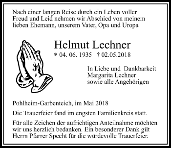 Traueranzeige von Helmut Lechner von Pohlheimer Nachrichten