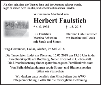 Traueranzeige von Herbert Faulstich von Giessener Allgemeine, Alsfelder Allgemeine