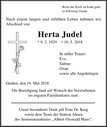 Traueranzeige von Herta Judel von Giessener Allgemeine, Alsfelder Allgemeine