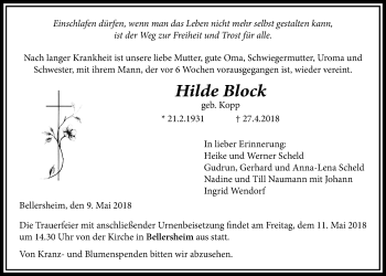 Traueranzeige von Hilde Block von Licher Wochenblatt, Licher Wochenblatt, Licher Wochenblatt
