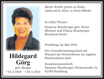 Traueranzeige von Hildegard Görg von Wetterauer Zeitung, Wetterauer Zeitung