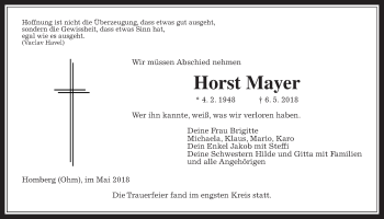 Traueranzeige von Horst Mayer von Alsfelder Allgemeine