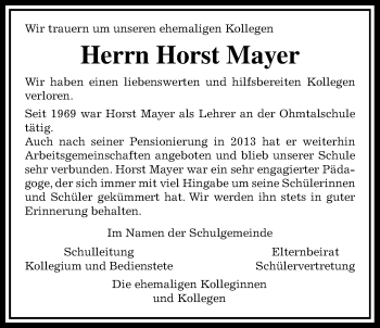 Traueranzeige von Horst Mayer von Alsfelder Allgemeine