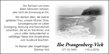 Traueranzeige von Ilse Prangenberg-Vick von Licher Wochenblatt, Licher Wochenblatt, Licher Wochenblatt