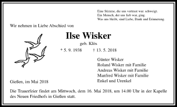 Traueranzeige von Ilse Wisker von Giessener Allgemeine, Alsfelder Allgemeine