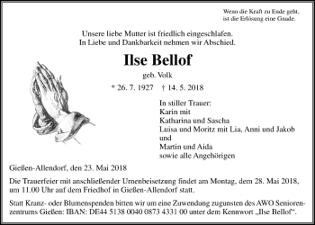 Traueranzeige von Inge Bellof von Giessener Allgemeine, Alsfelder Allgemeine