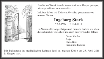 Traueranzeige von Ingeborg Stark von Licher Wochenblatt, Licher Wochenblatt, Licher Wochenblatt