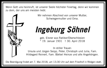 Traueranzeige von Ingeburg Söhnel von Giessener Allgemeine, Alsfelder Allgemeine