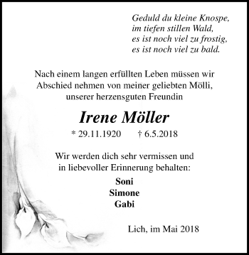 Traueranzeige von Irene Möller von Licher Wochenblatt, Licher Wochenblatt, Licher Wochenblatt