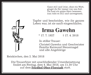 Traueranzeige von Irma Gawehn von Giessener Allgemeine, Alsfelder Allgemeine