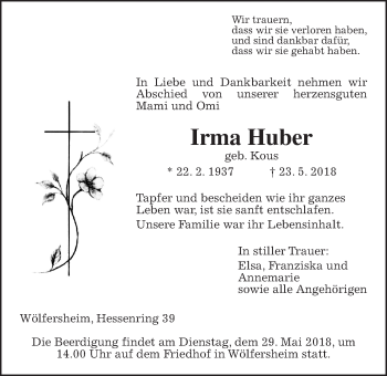 Traueranzeige von Irma Huber von Wetterauer Zeitung, Wetterauer Zeitung