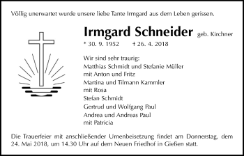 Traueranzeige von Irmgard Schneider von Giessener Allgemeine, Alsfelder Allgemeine