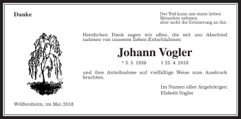 Traueranzeige von Johann Vogler von Wetterauer Zeitung, Wetterauer Zeitung