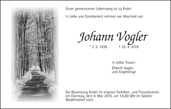 Traueranzeige von Johann Vogler von Wetterauer Zeitung, Wetterauer Zeitung