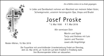 Traueranzeige von Josef Proske von Wetterauer Zeitung, Wetterauer Zeitung