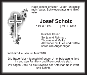 Traueranzeige von Josef Scholz von Giessener Allgemeine, Alsfelder Allgemeine