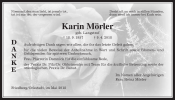 Traueranzeige von Karin Mörler von Wetterauer Zeitung, Wetterauer Zeitung
