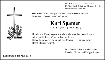 Traueranzeige von Karl Spamer von Giessener Allgemeine, Alsfelder Allgemeine