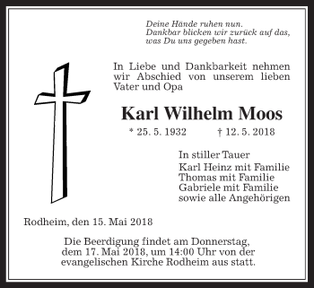Traueranzeige von Karl Wilhelm Moos von Giessener Allgemeine, Alsfelder Allgemeine