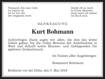 Traueranzeige von Kurt Bohmann von Wetterauer Zeitung, Wetterauer Zeitung