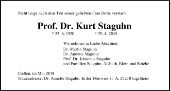 Traueranzeige von Kurt Staguhn von Giessener Allgemeine, Alsfelder Allgemeine