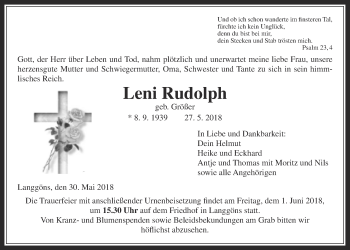 Traueranzeige von Leni Rudolph von Giessener Allgemeine, Alsfelder Allgemeine