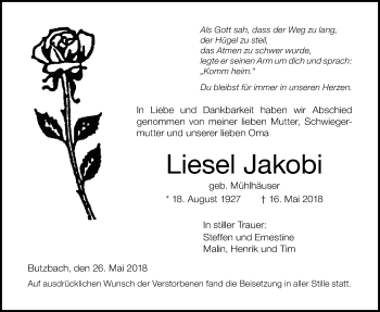 Traueranzeige von Liesel Jakobi von Wetterauer Zeitung, Wetterauer Zeitung
