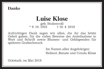 Traueranzeige von Luise Klose von Wetterauer Zeitung, Wetterauer Zeitung