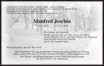Traueranzeige von Manfred Jeschin von Alsfelder Allgemeine