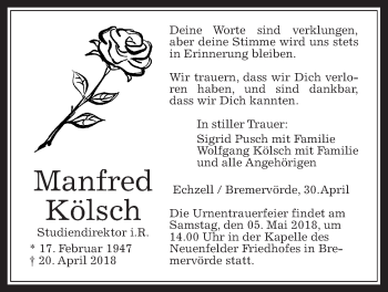 Traueranzeige von Manfred Kölsch von Wetterauer Zeitung, Wetterauer Zeitung
