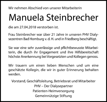Traueranzeige von Manuela Steinbrecher von Wetterauer Zeitung, Wetterauer Zeitung