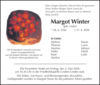 Traueranzeige von Margot Winter von Giessener Allgemeine, Alsfelder Allgemeine