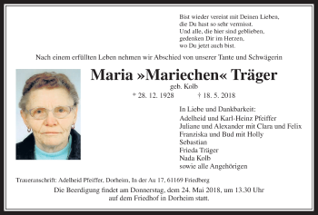Traueranzeige von Maria Träger von Wetterauer Zeitung, Wetterauer Zeitung