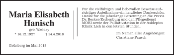 Traueranzeige von Maria Elisabeth Hanisch von Giessener Allgemeine, Alsfelder Allgemeine