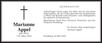 Traueranzeige von Marianne Appel von Wetterauer Zeitung, Wetterauer Zeitung