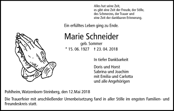 Traueranzeige von Marie Schneider von Giessener Allgemeine, Alsfelder Allgemeine