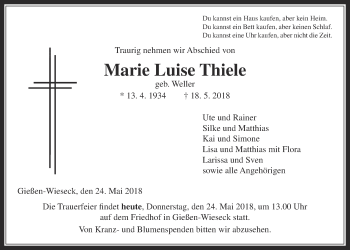 Traueranzeige von Marie Luise Thiele von Giessener Allgemeine, Alsfelder Allgemeine